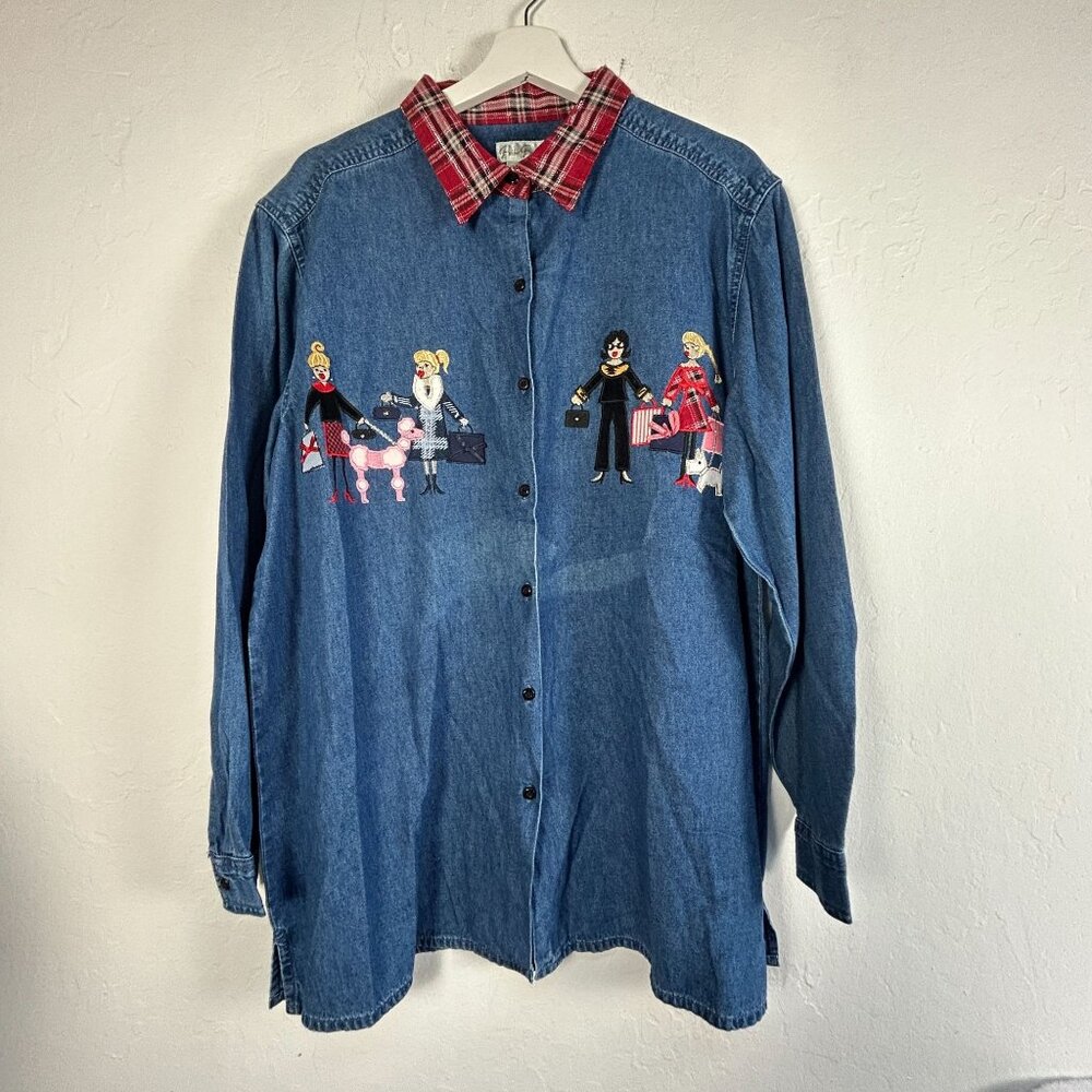 Bobbie Brooks Womens Embroidered Denim Button Up Shirt with Plaid Collar XL New